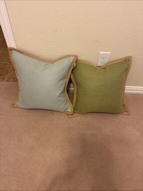Set of 2 Decorative Toss Pillow covers in Light Blue and Green with Braided Trim